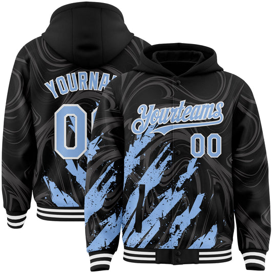 Custom Black Light Blue-White Splash Bomber Full-Snap Varsity Letterman Hoodie Jacket - Main View
