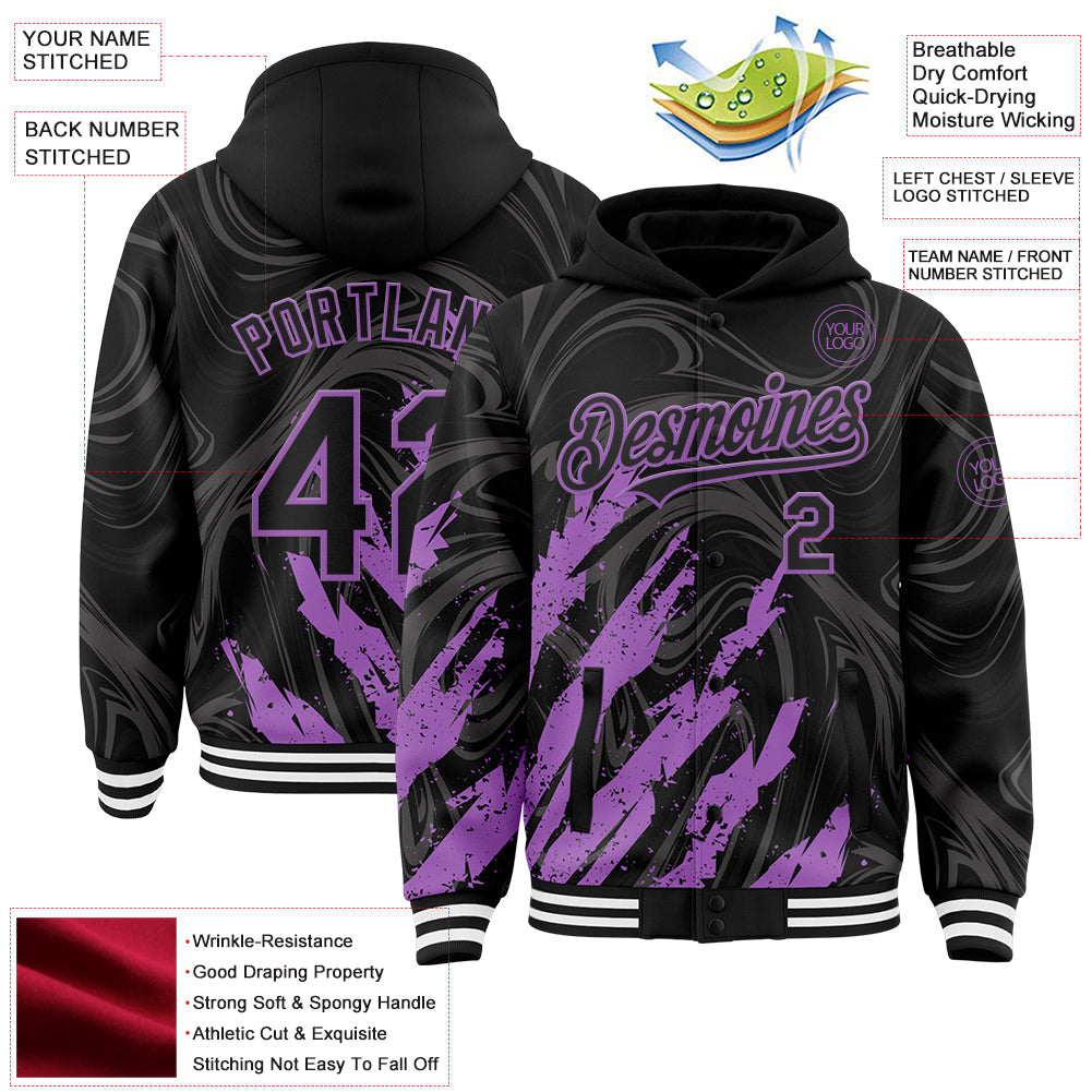 Custom Black Medium Purple-White Splash Bomber Full-Snap Varsity Letterman Hoodie Jacket view 4