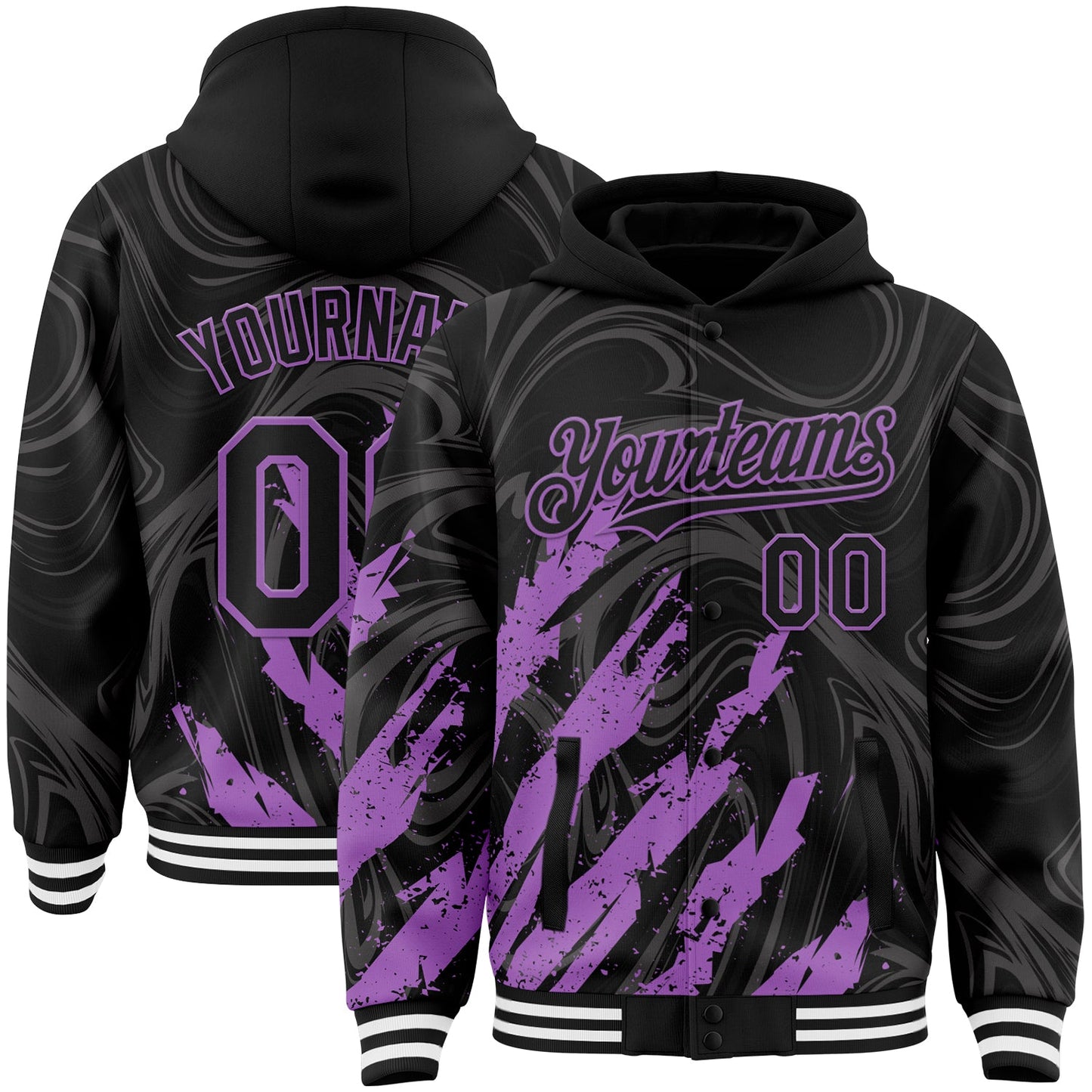 Custom Black Medium Purple-White Splash Bomber Full-Snap Varsity Letterman Hoodie Jacket - Main View