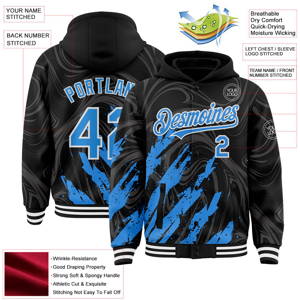 Custom Black Powder Blue-White Splash Bomber Full-Snap Varsity Letterman Hoodie Jacket view 4