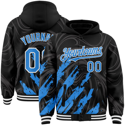Custom Black Powder Blue-White Splash Bomber Full-Snap Varsity Letterman Hoodie Jacket - Main View