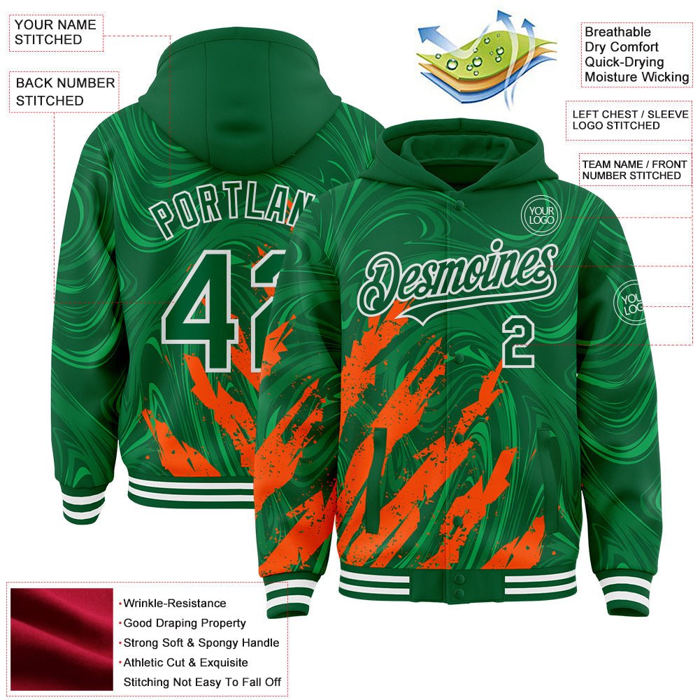Custom Kelly Green Orange-White Splash Bomber Full-Snap Varsity Letterman Hoodie Jacket view 4