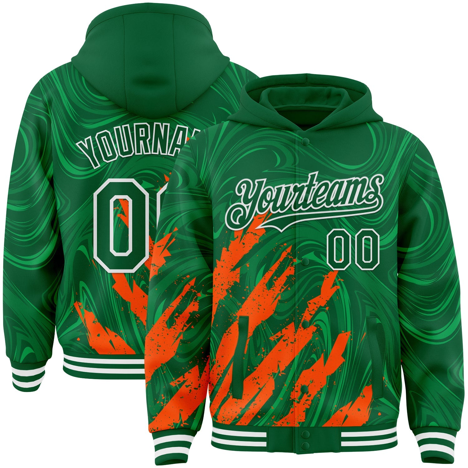 Custom Kelly Green Orange-White Splash Bomber Full-Snap Varsity Letterman Hoodie Jacket - Main View