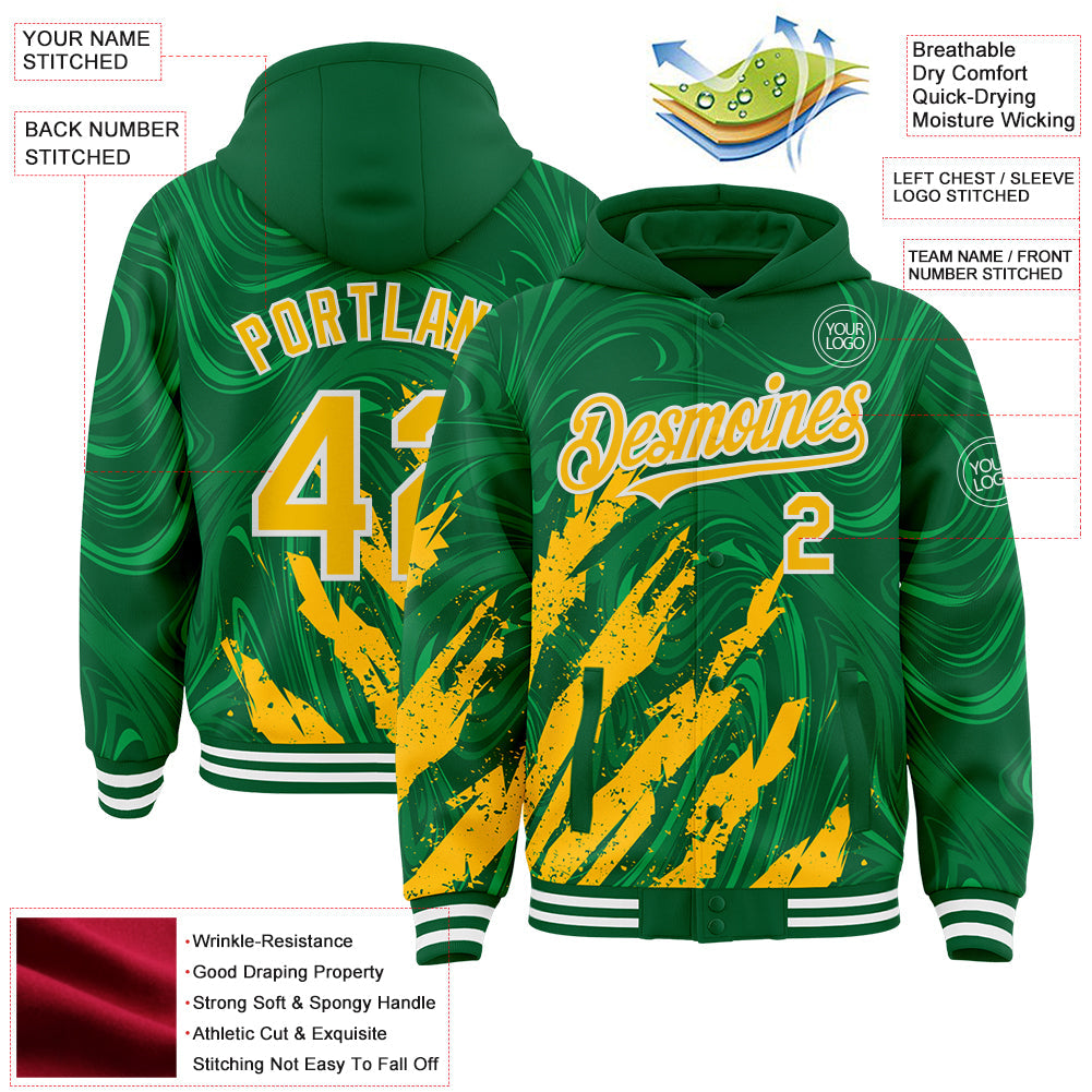 Custom Kelly Green Gold-White Splash Bomber Full-Snap Varsity Letterman Hoodie Jacket view 4