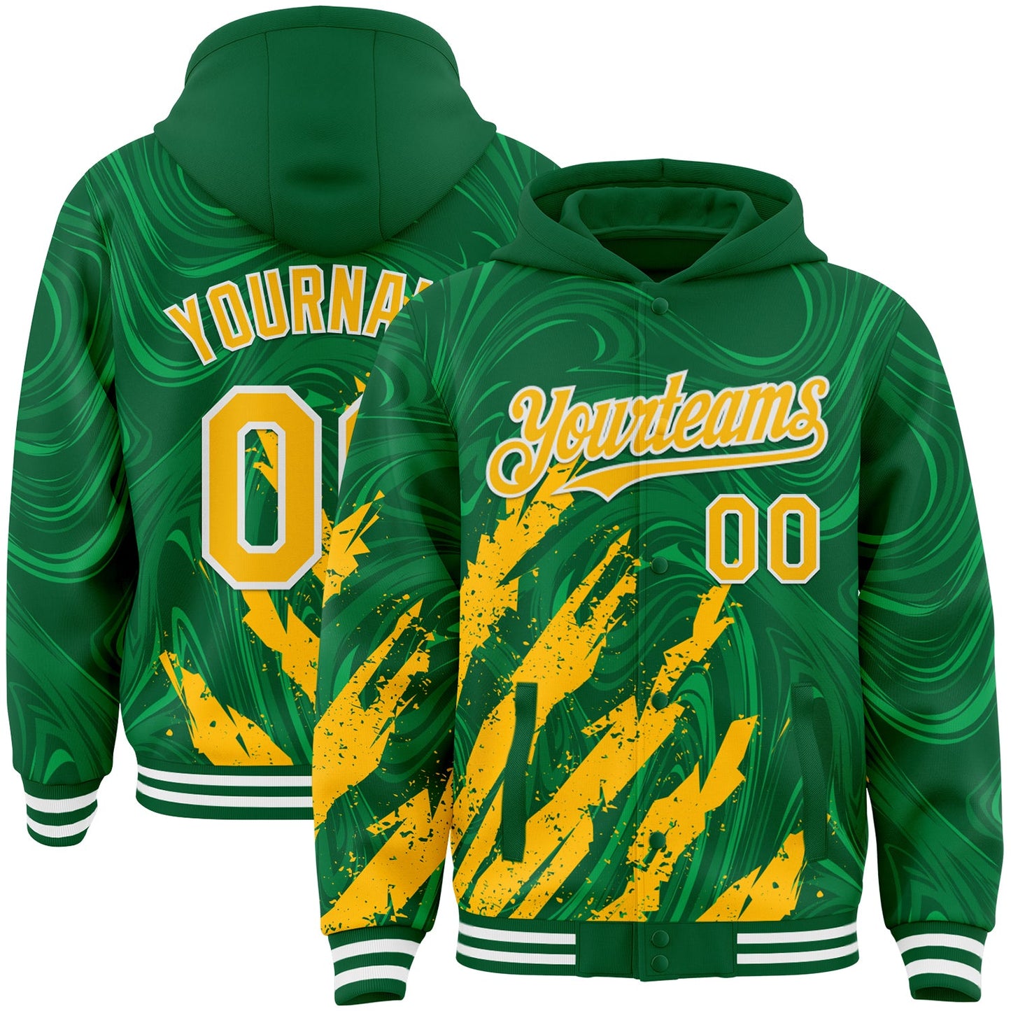 Custom Kelly Green Gold-White Splash Bomber Full-Snap Varsity Letterman Hoodie Jacket - Main View