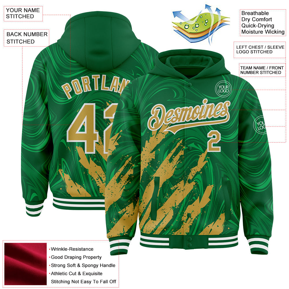 Custom Kelly Green Old Gold-White Splash Bomber Full-Snap Varsity Letterman Hoodie Jacket view 4