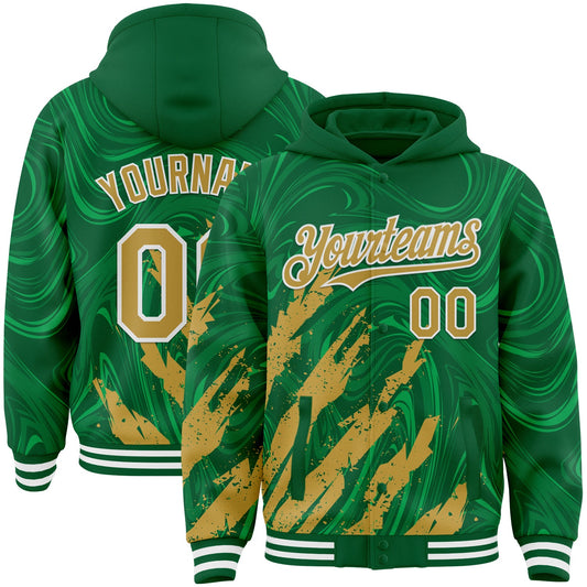 Custom Kelly Green Old Gold-White Splash Bomber Full-Snap Varsity Letterman Hoodie Jacket - Main View