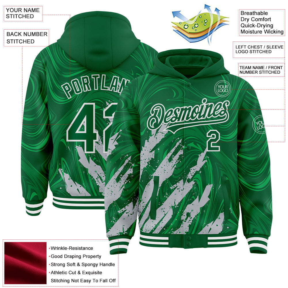 Custom Kelly Green Gray-White Splash Bomber Full-Snap Varsity Letterman Hoodie Jacket view 4