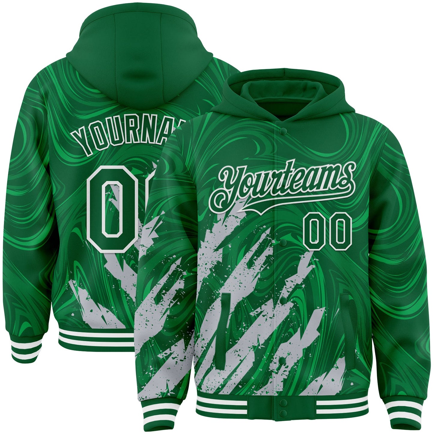 Custom Kelly Green Gray-White Splash Bomber Full-Snap Varsity Letterman Hoodie Jacket - Main View