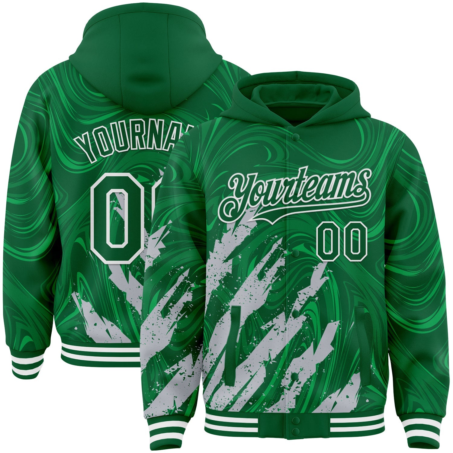 Custom Kelly Green Gray-White Splash Bomber Full-Snap Varsity Letterman Hoodie Jacket - Main View