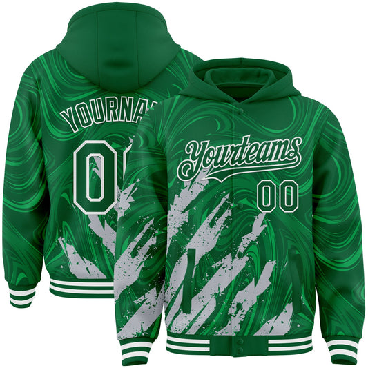 Custom Kelly Green Gray-White Splash Bomber Full-Snap Varsity Letterman Hoodie Jacket - Main View