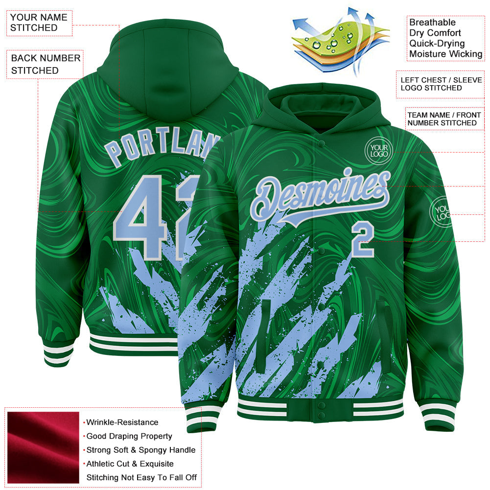 Custom Kelly Green Light Blue-White Splash Bomber Full-Snap Varsity Letterman Hoodie Jacket view 4