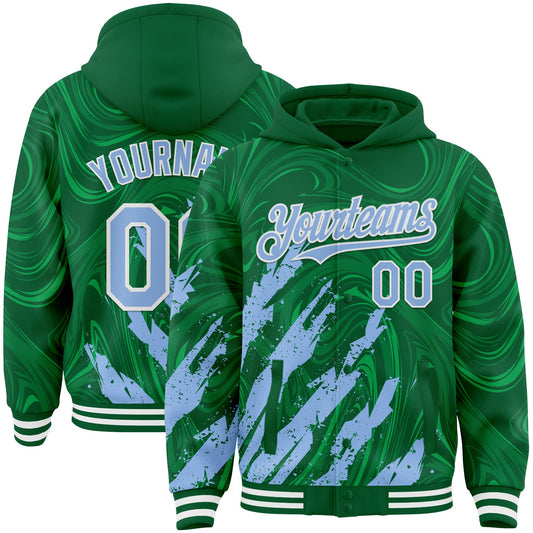 Custom Kelly Green Light Blue-White Splash Bomber Full-Snap Varsity Letterman Hoodie Jacket - Main View