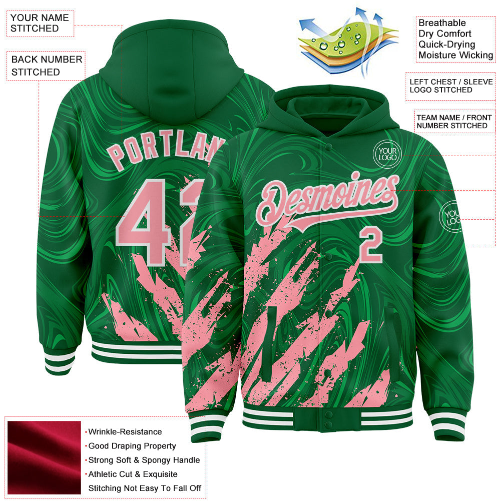 Custom Kelly Green Medium Pink-White Splash Bomber Full-Snap Varsity Letterman Hoodie Jacket view 4