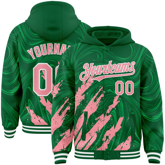 Custom Kelly Green Medium Pink-White Splash Bomber Full-Snap Varsity Letterman Hoodie Jacket - Main View