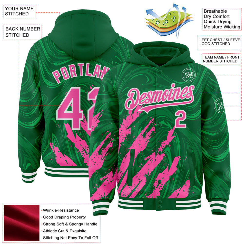 Custom Kelly Green Pink-White Splash Bomber Full-Snap Varsity Letterman Hoodie Jacket view 4