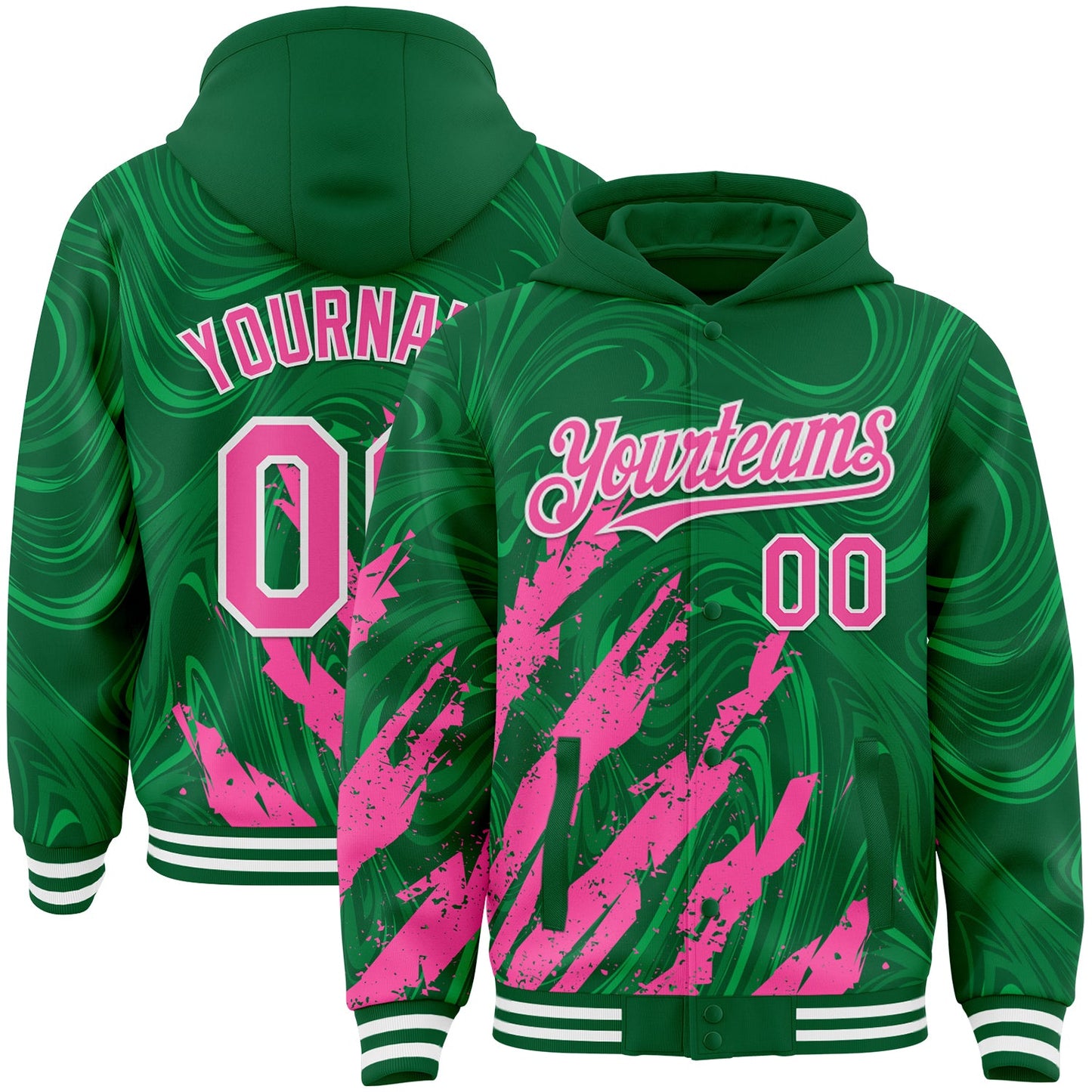 Custom Kelly Green Pink-White Splash Bomber Full-Snap Varsity Letterman Hoodie Jacket - Main View
