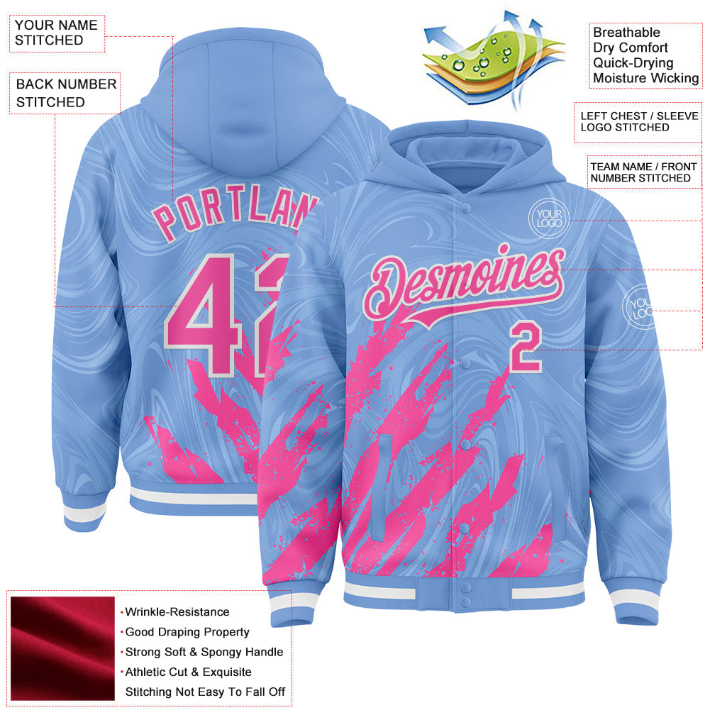 Custom Light Blue Pink-White Splash Bomber Full-Snap Varsity Letterman Hoodie Jacket view 4