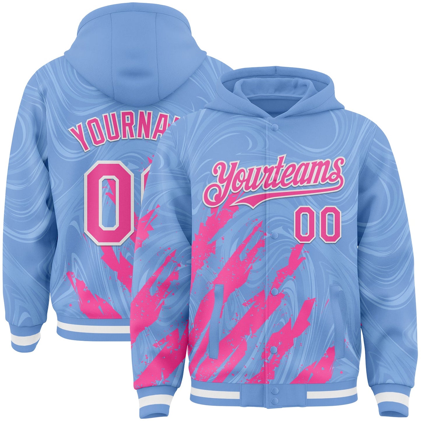 Custom Light Blue Pink-White Splash Bomber Full-Snap Varsity Letterman Hoodie Jacket - Main View