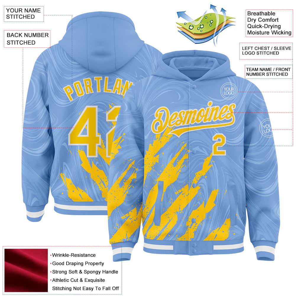 Custom Light Blue Yellow-White Splash Bomber Full-Snap Varsity Letterman Hoodie Jacket view 4