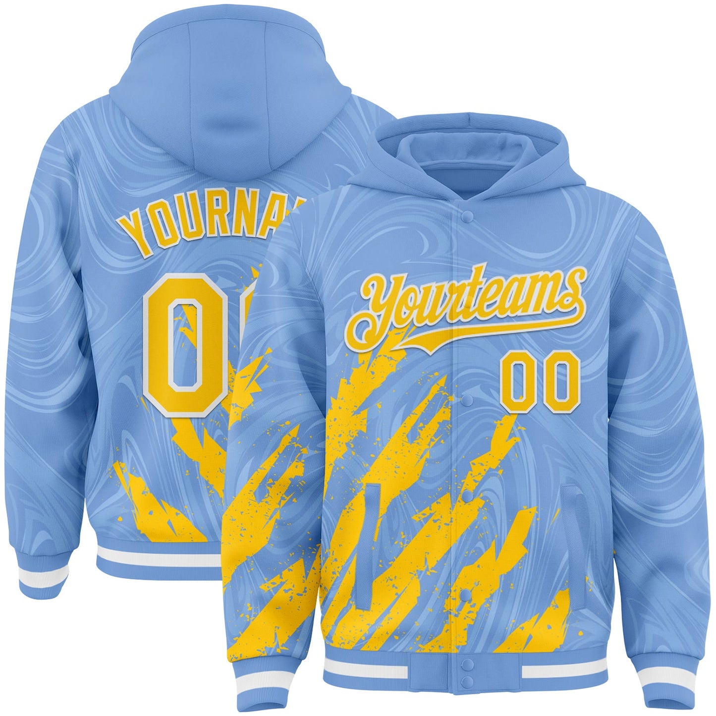 Custom Light Blue Yellow-White Splash Bomber Full-Snap Varsity Letterman Hoodie Jacket - Main View