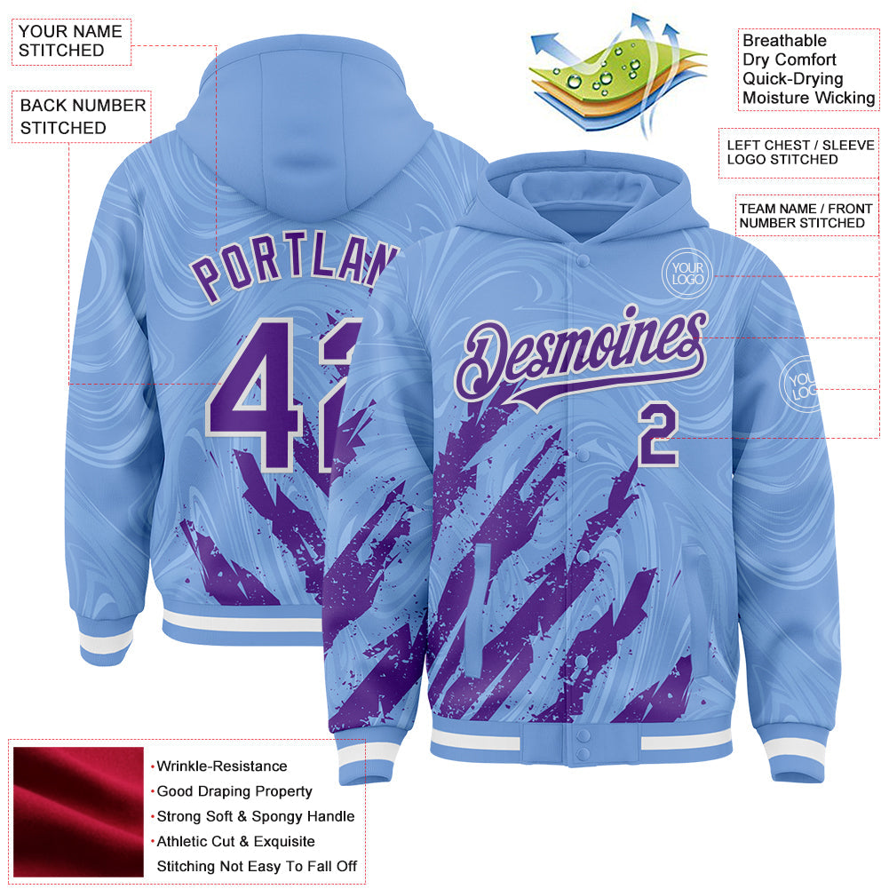 Custom Light Blue Purple-White Splash Bomber Full-Snap Varsity Letterman Hoodie Jacket view 4