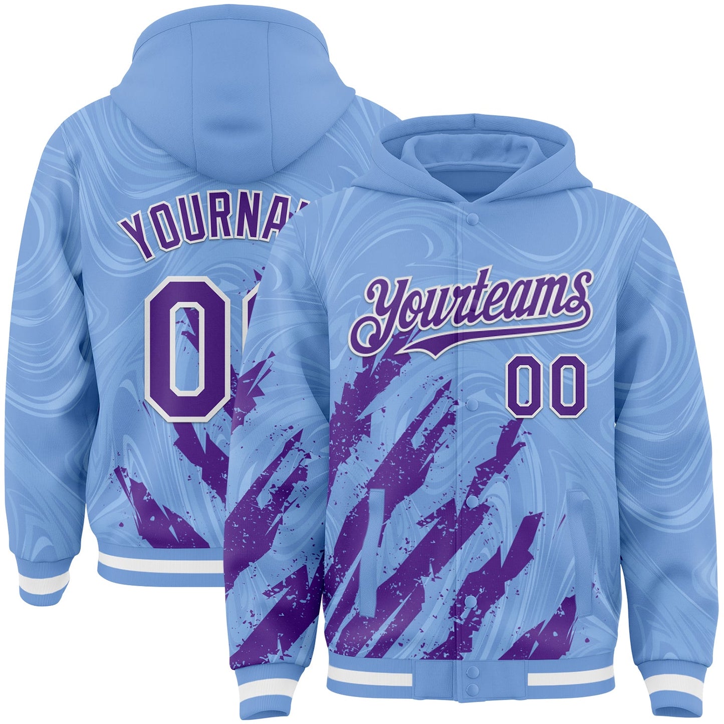 Custom Light Blue Purple-White Splash Bomber Full-Snap Varsity Letterman Hoodie Jacket - Main View