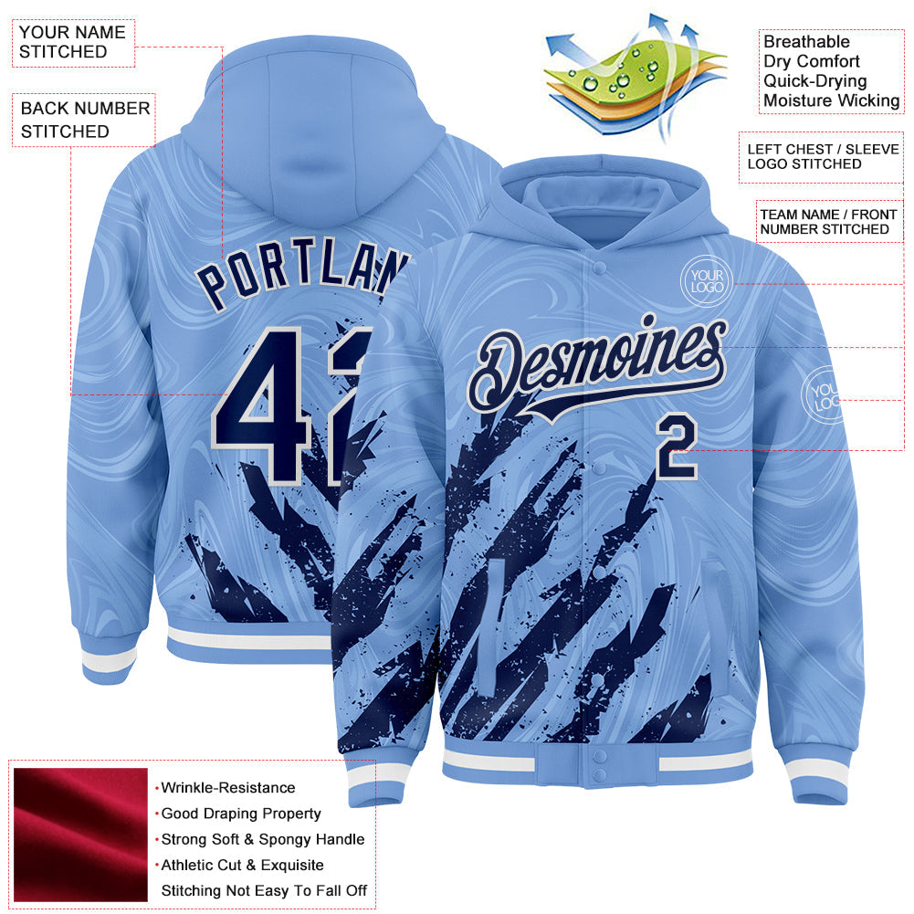Custom Light Blue Navy-White Splash Bomber Full-Snap Varsity Letterman Hoodie Jacket view 4