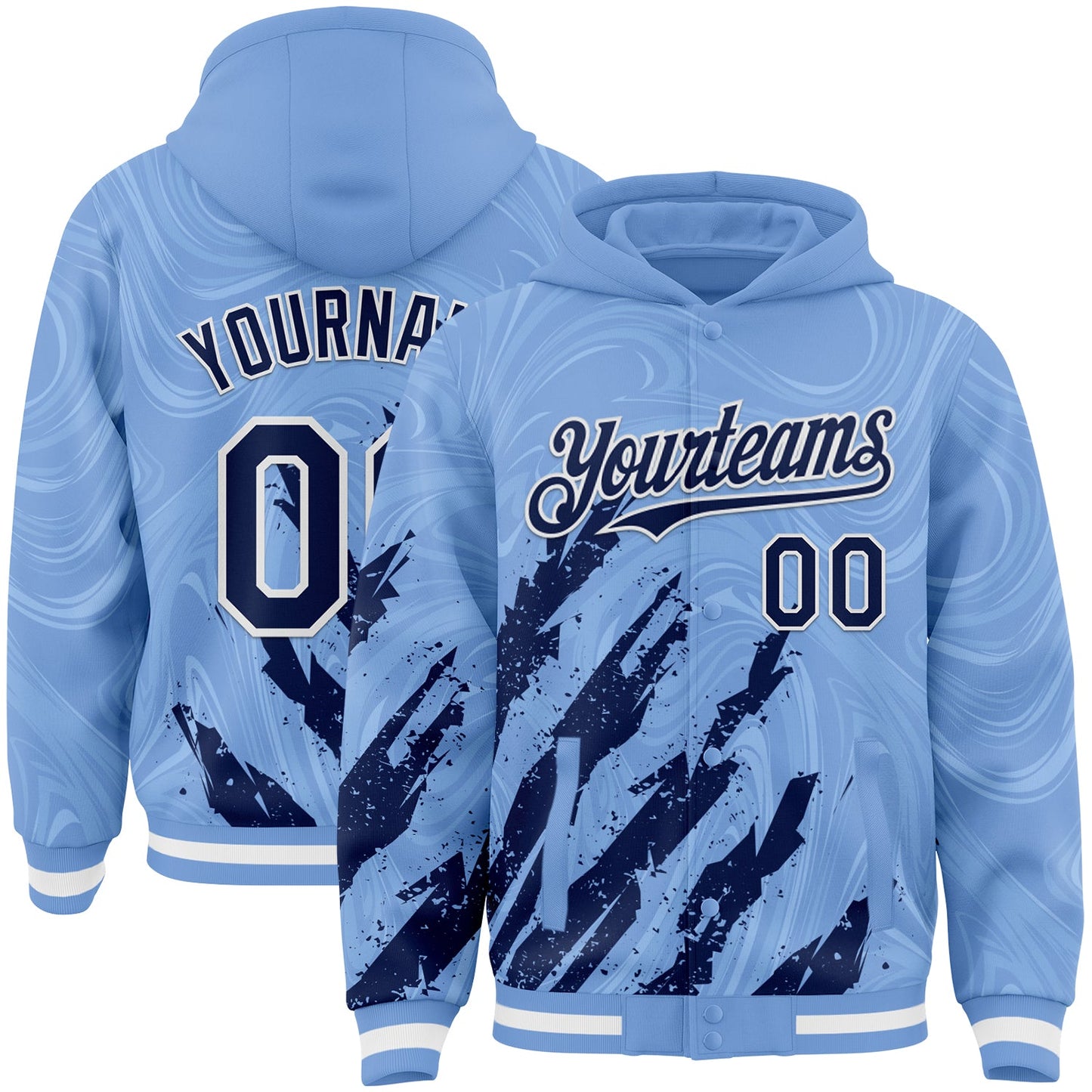 Custom Light Blue Navy-White Splash Bomber Full-Snap Varsity Letterman Hoodie Jacket - Main View