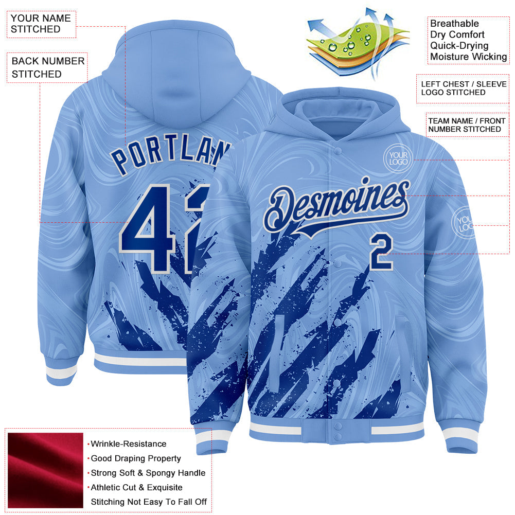 Custom Light Blue Royal-White Splash Bomber Full-Snap Varsity Letterman Hoodie Jacket view 4