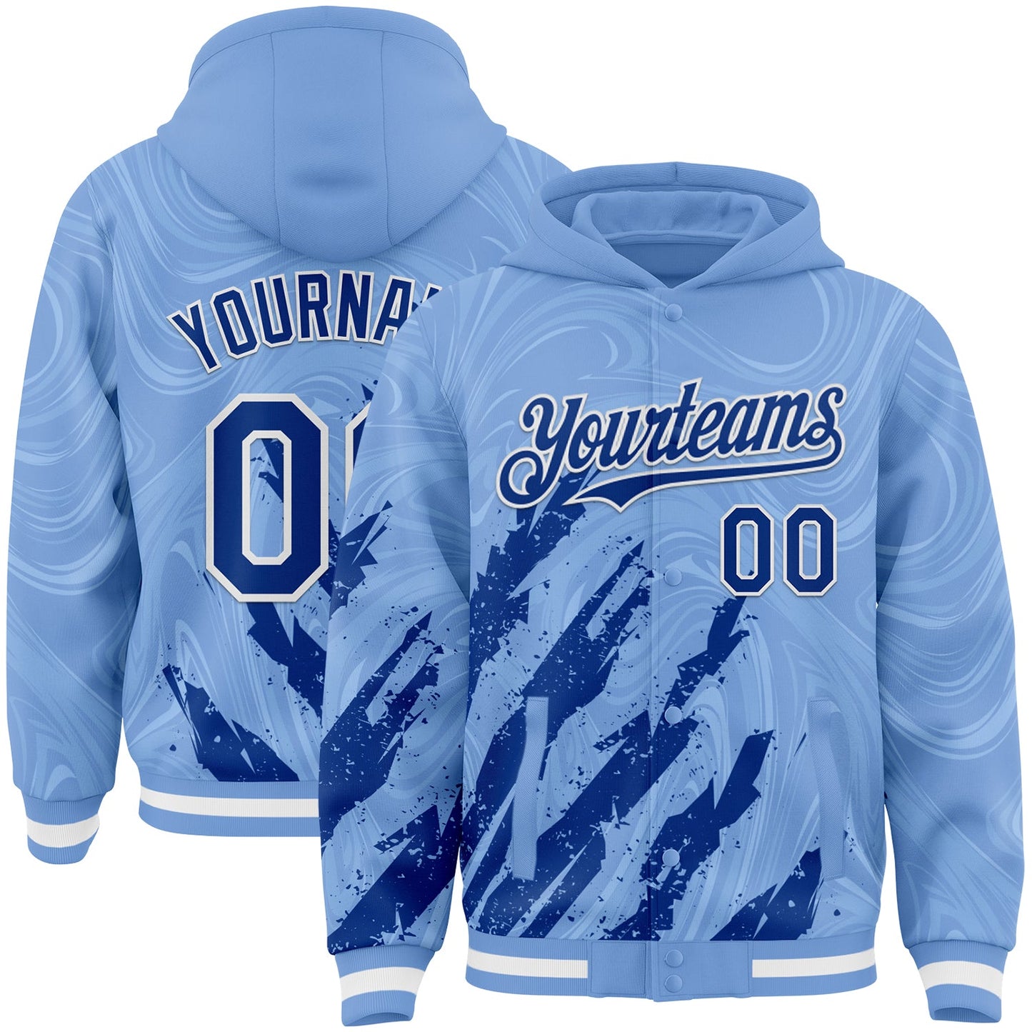 Custom Light Blue Royal-White Splash Bomber Full-Snap Varsity Letterman Hoodie Jacket - Main View