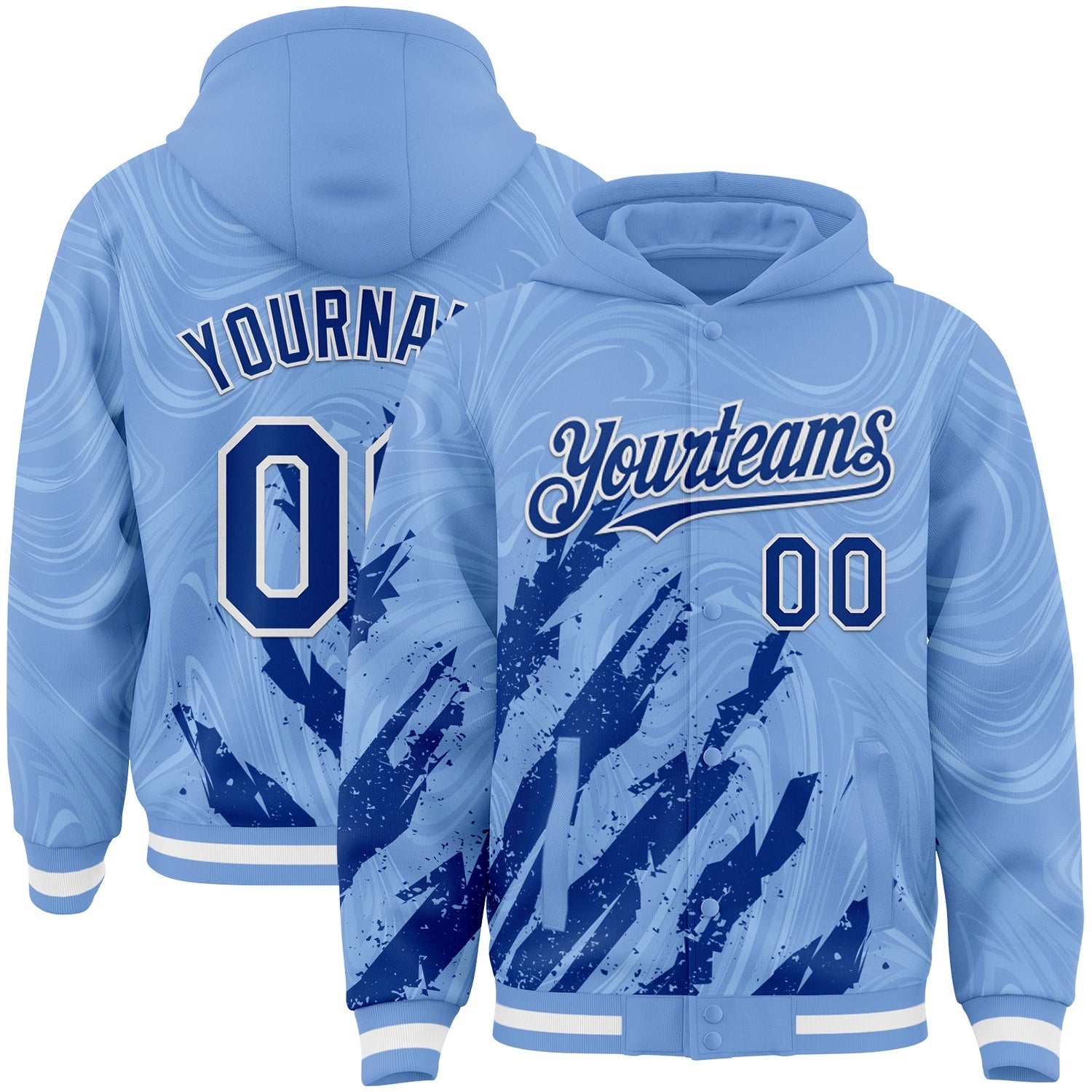 Custom Light Blue Royal-White Splash Bomber Full-Snap Varsity Letterman Hoodie Jacket - Main View