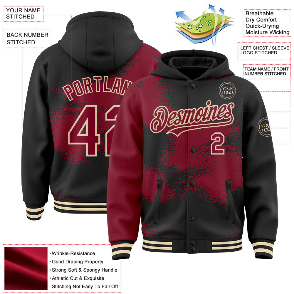 Custom Black Crimson-Cream Abstract Color Blocks Fragment Pattern Bomber Full-Snap Varsity Letterman Hoodie Jacket view 4