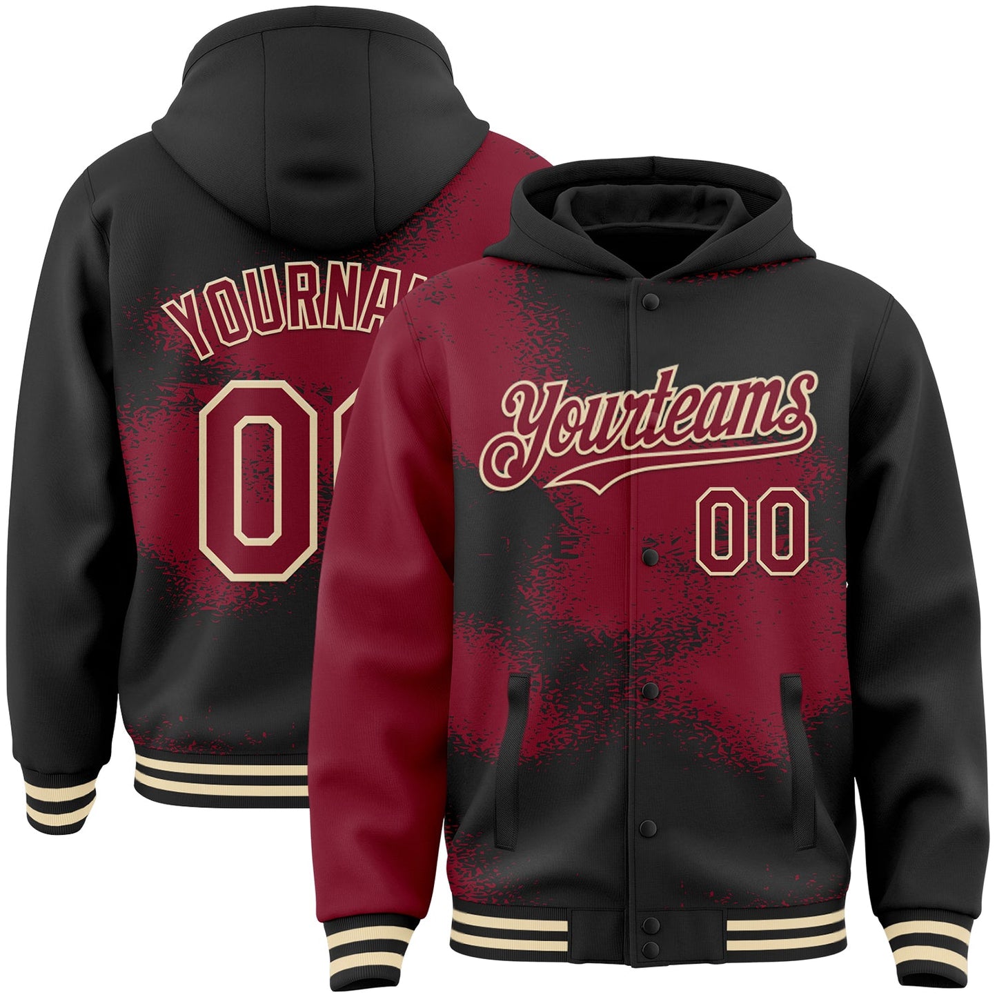 Custom Black Crimson-Cream Abstract Color Blocks Fragment Pattern Bomber Full-Snap Varsity Letterman Hoodie Jacket - Main View