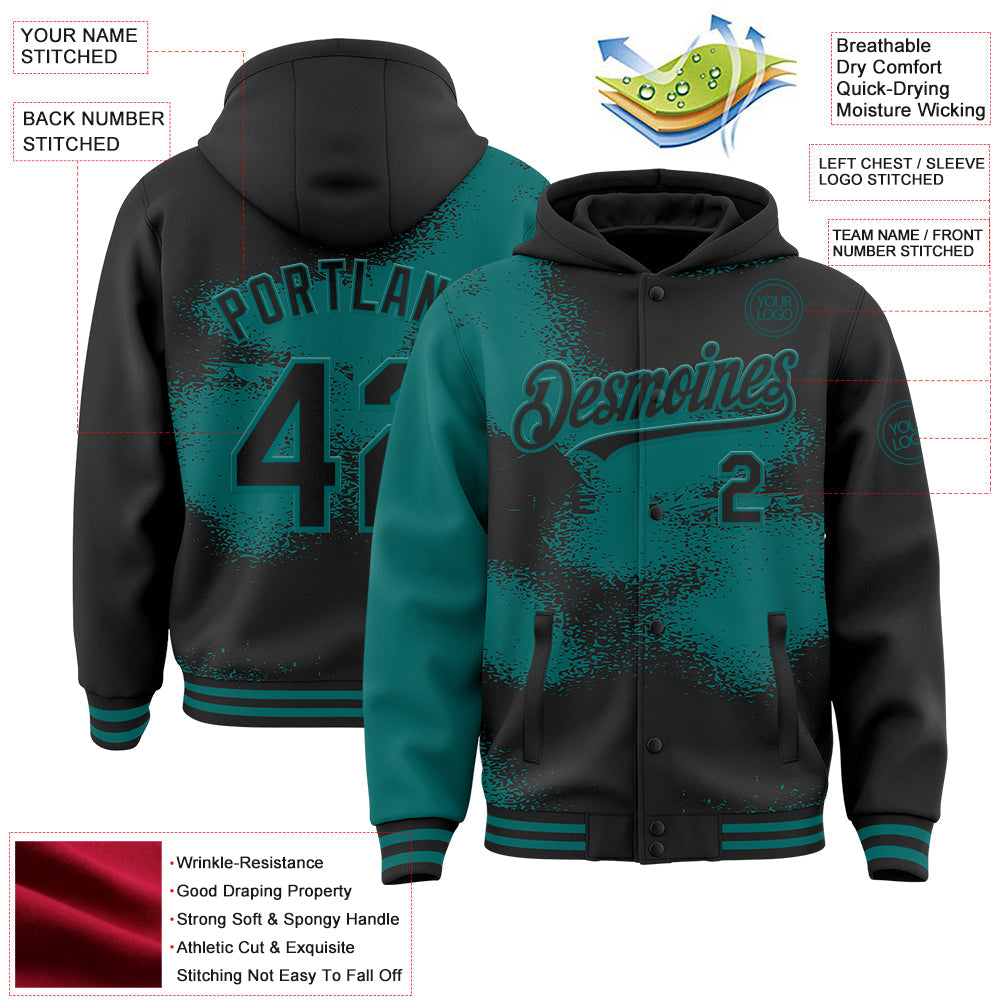 Custom Black Teal Abstract Color Blocks Fragment Pattern Bomber Full-Snap Varsity Letterman Hoodie Jacket view 4