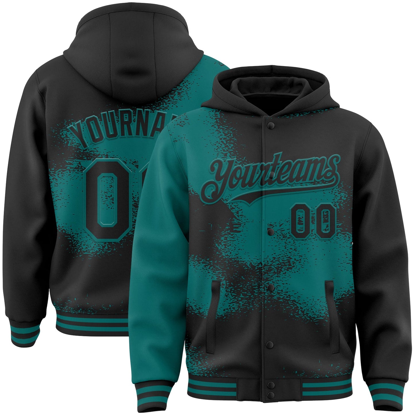 Custom Black Teal Abstract Color Blocks Fragment Pattern Bomber Full-Snap Varsity Letterman Hoodie Jacket - Main View