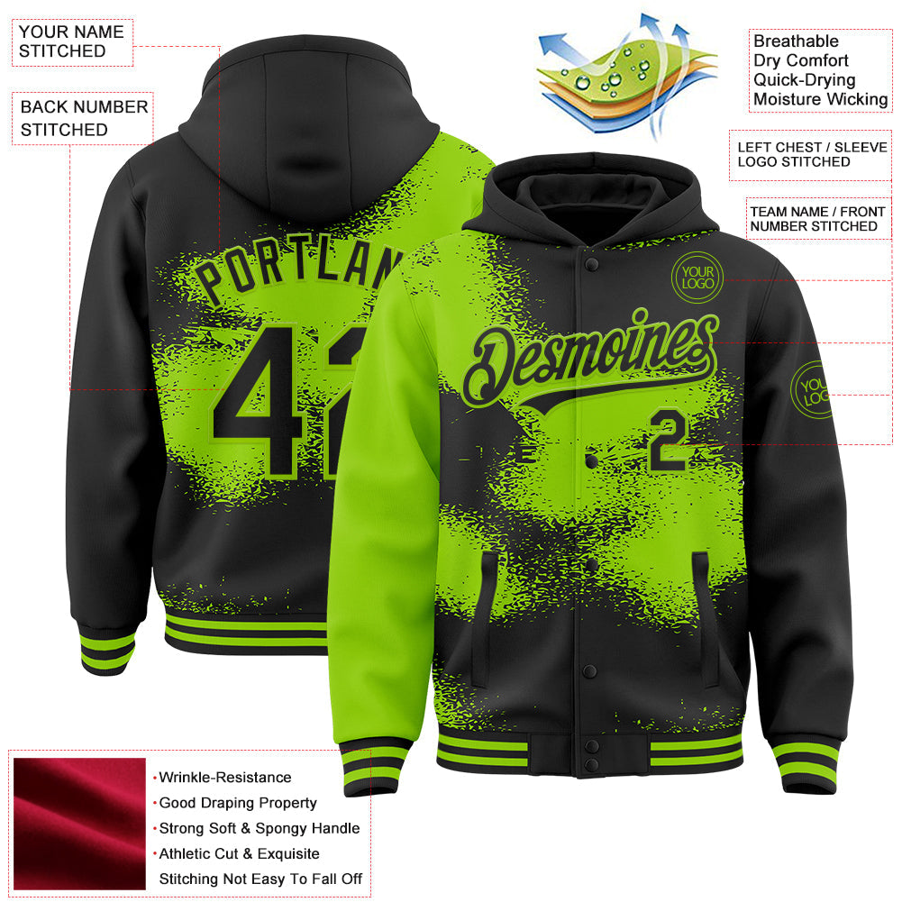 Custom Black Neon Green Abstract Color Blocks Fragment Pattern Bomber Full-Snap Varsity Letterman Hoodie Jacket view 4