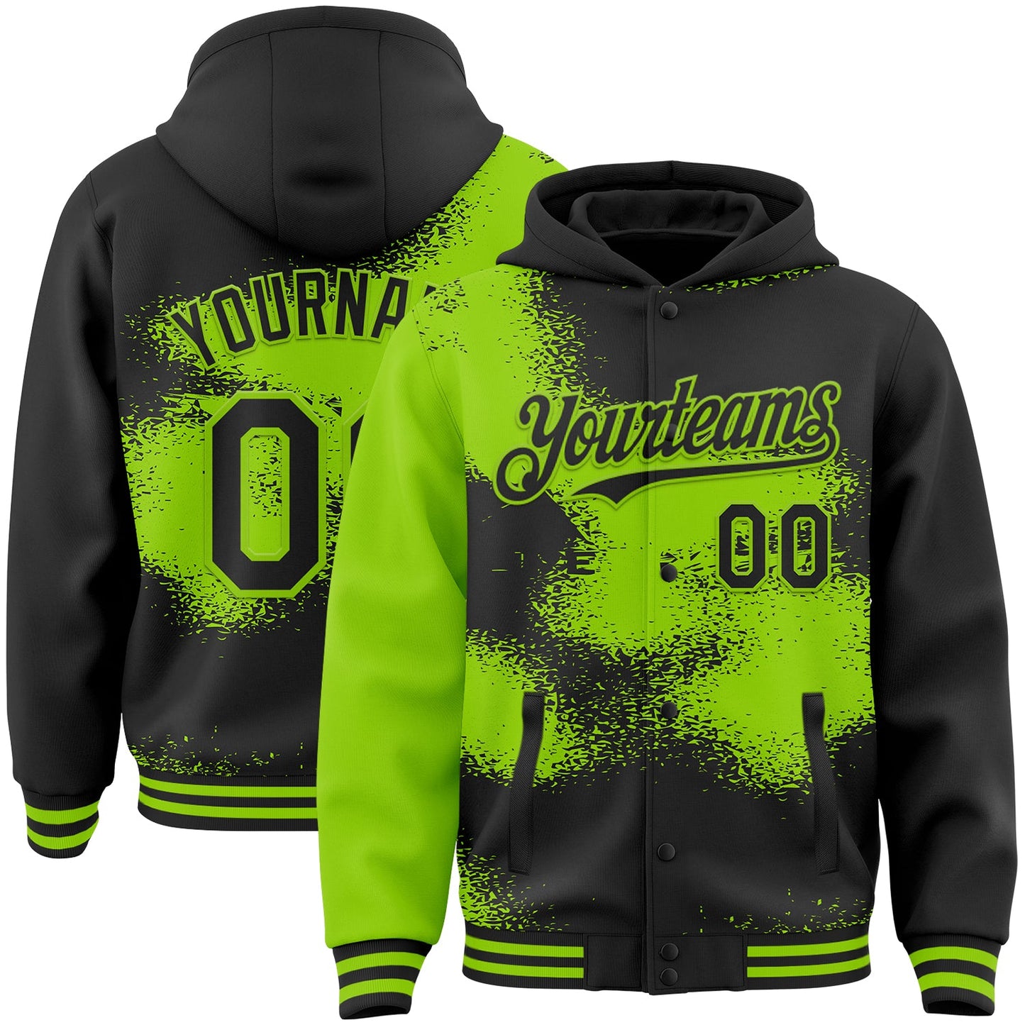 Custom Black Neon Green Abstract Color Blocks Fragment Pattern Bomber Full-Snap Varsity Letterman Hoodie Jacket - Main View