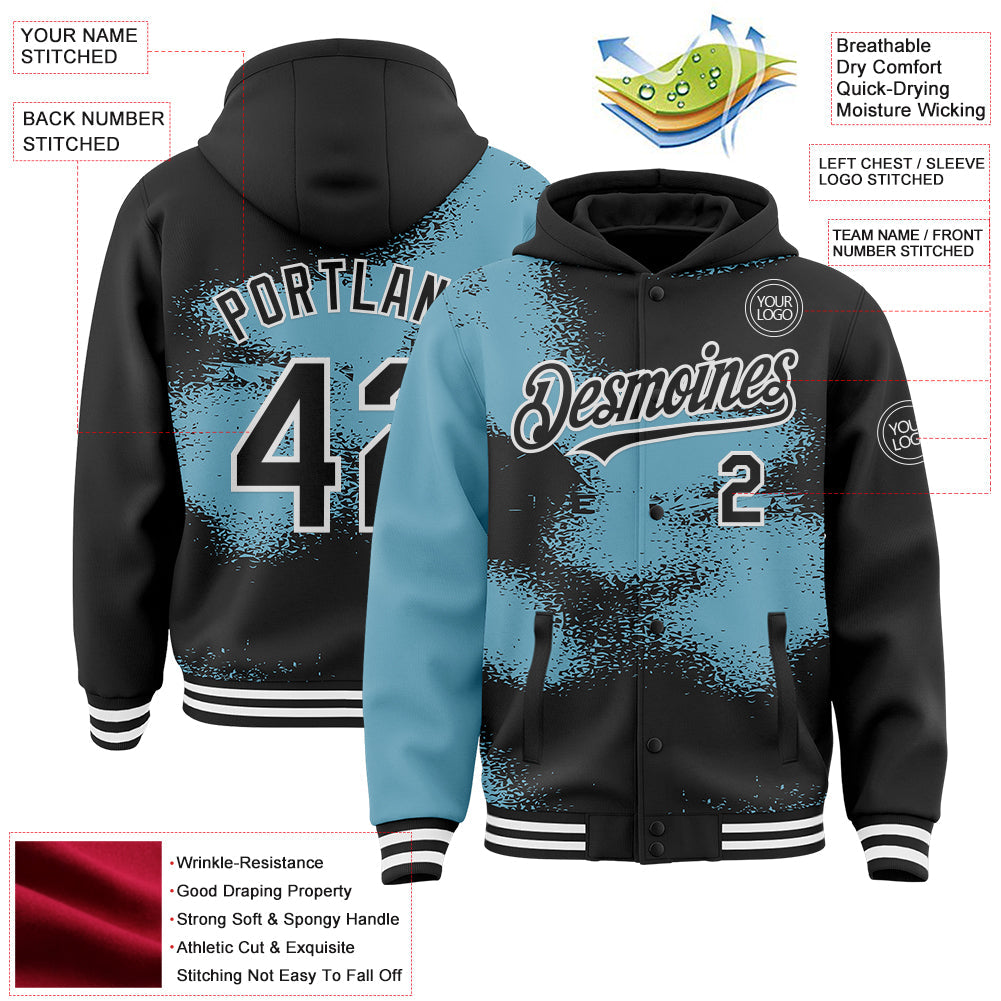 Custom Black Shadow Blue-White Abstract Color Blocks Fragment Pattern Bomber Full-Snap Varsity Letterman Hoodie Jacket view 4