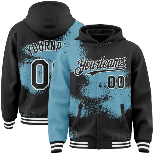 Custom Black Shadow Blue-White Abstract Color Blocks Fragment Pattern Bomber Full-Snap Varsity Letterman Hoodie Jacket - Main View