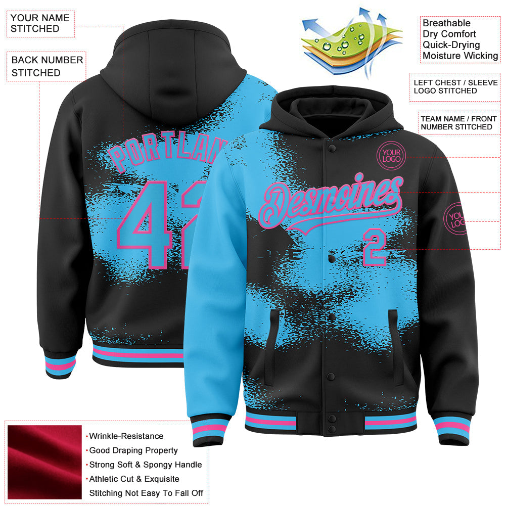 Custom Black Sky Blue-Pink Abstract Color Blocks Fragment Pattern Bomber Full-Snap Varsity Letterman Hoodie Jacket view 4