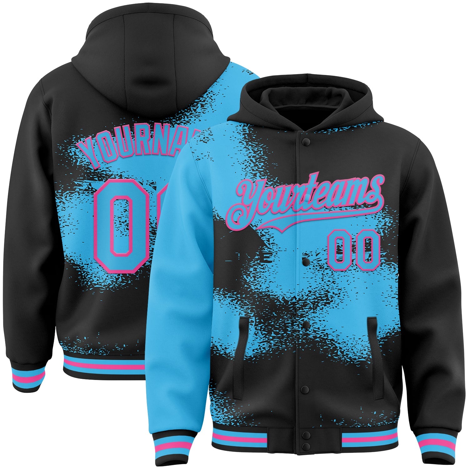 Custom Black Sky Blue-Pink Abstract Color Blocks Fragment Pattern Bomber Full-Snap Varsity Letterman Hoodie Jacket - Main View
