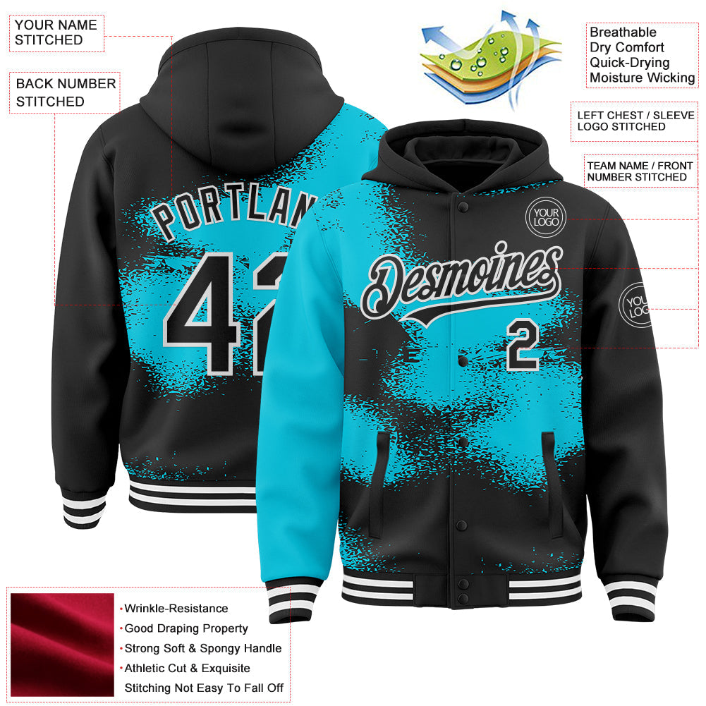 Custom Black Lakes Blue-White Abstract Color Blocks Fragment Pattern Bomber Full-Snap Varsity Letterman Hoodie Jacket view 4