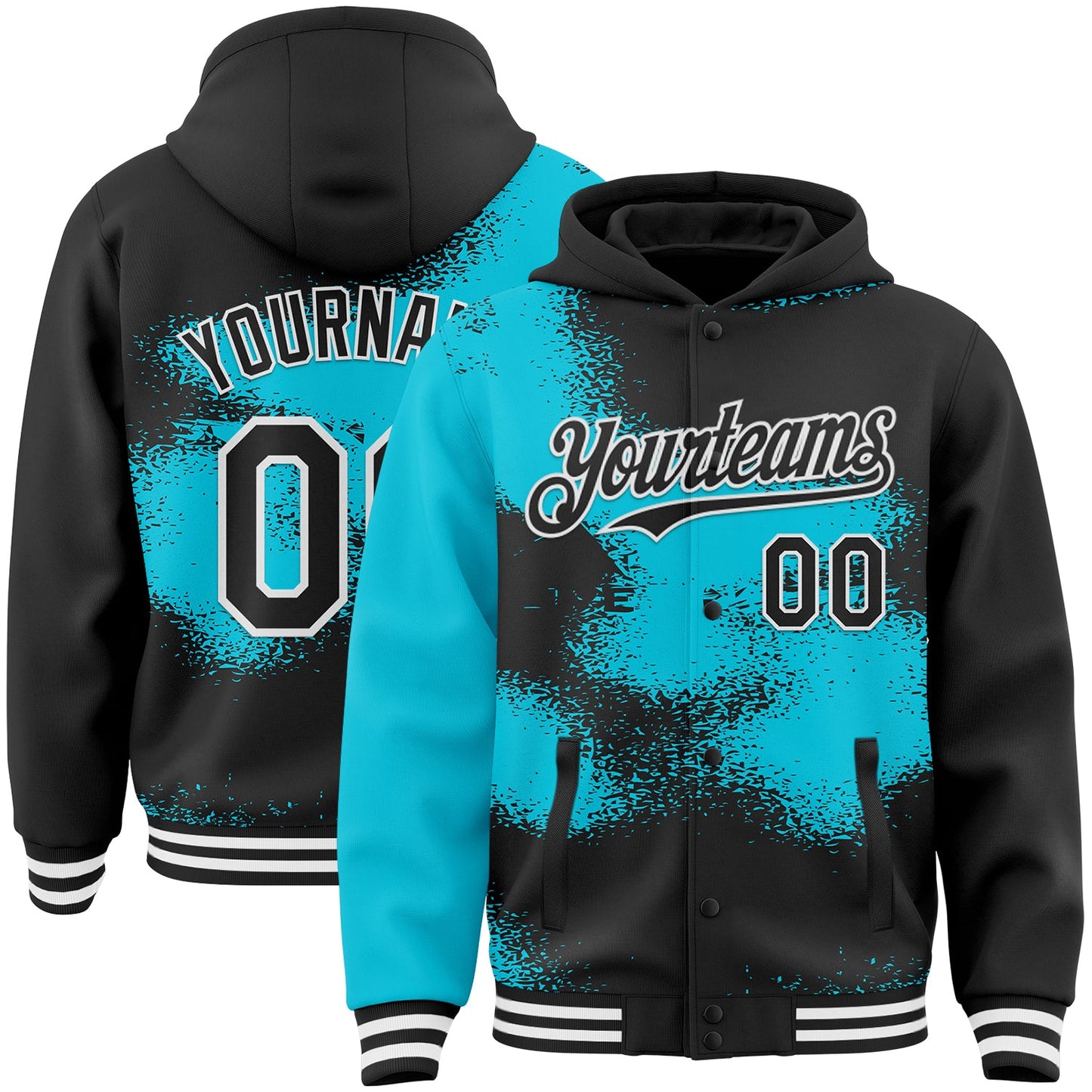 Custom Black Lakes Blue-White Abstract Color Blocks Fragment Pattern Bomber Full-Snap Varsity Letterman Hoodie Jacket - Main View