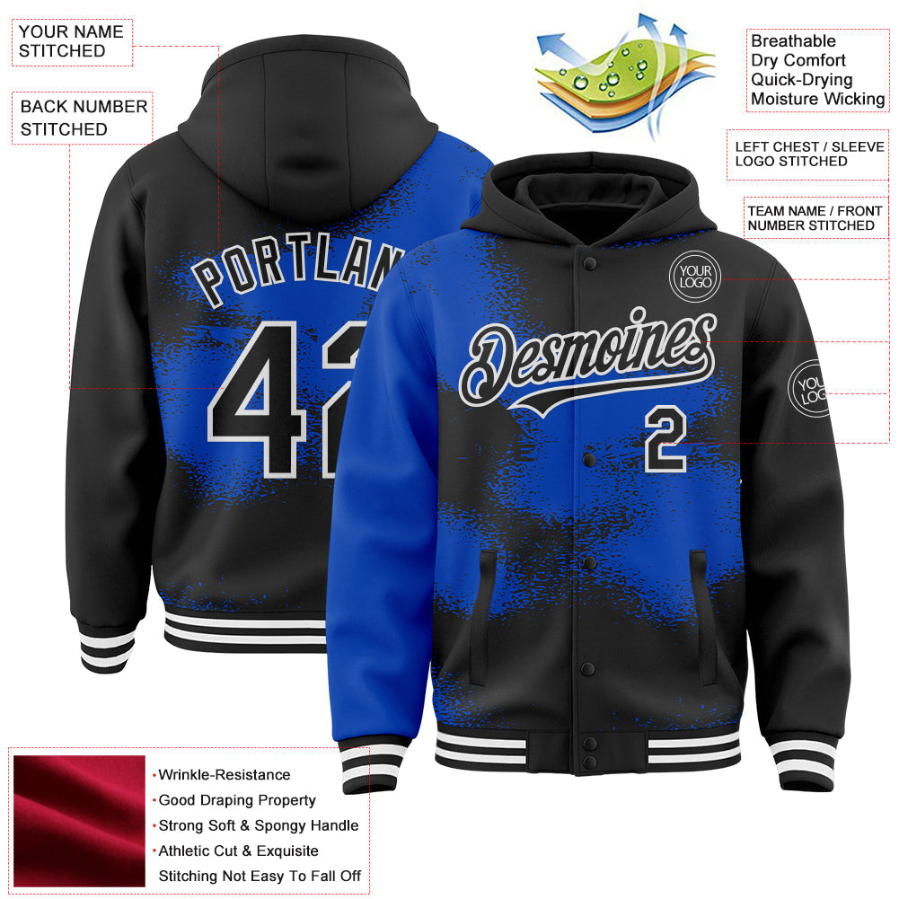 Custom Black Thunder Blue-White Abstract Color Blocks Fragment Pattern Bomber Full-Snap Varsity Letterman Hoodie Jacket view 4