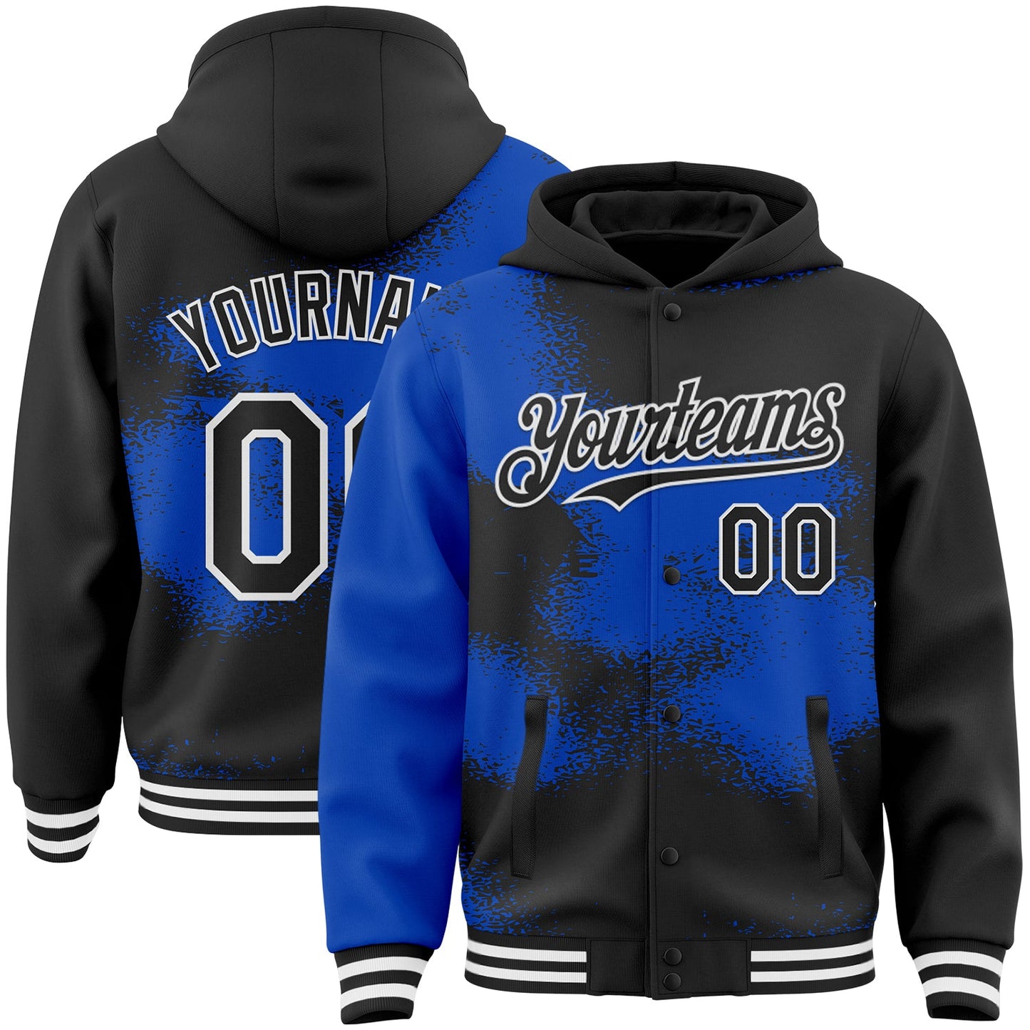 Custom Black Thunder Blue-White Abstract Color Blocks Fragment Pattern Bomber Full-Snap Varsity Letterman Hoodie Jacket - Main View