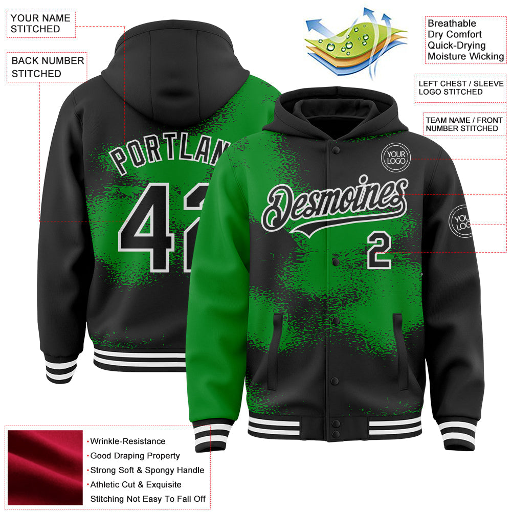 Custom Black Grass Green-White Abstract Color Blocks Fragment Pattern Bomber Full-Snap Varsity Letterman Hoodie Jacket view 4
