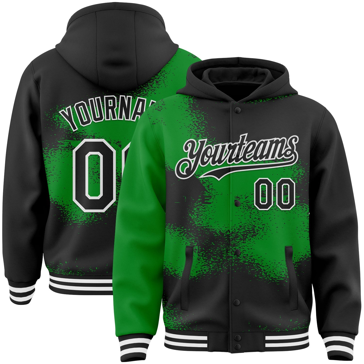 Custom Black Grass Green-White Abstract Color Blocks Fragment Pattern Bomber Full-Snap Varsity Letterman Hoodie Jacket - Main View