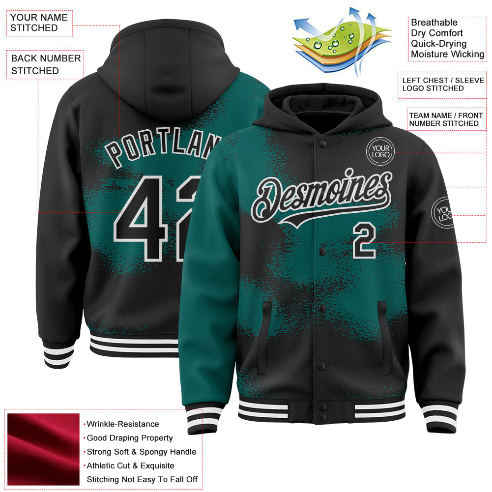 Custom Black Midnight Green-White Abstract Color Blocks Fragment Pattern Bomber Full-Snap Varsity Letterman Hoodie Jacket view 4