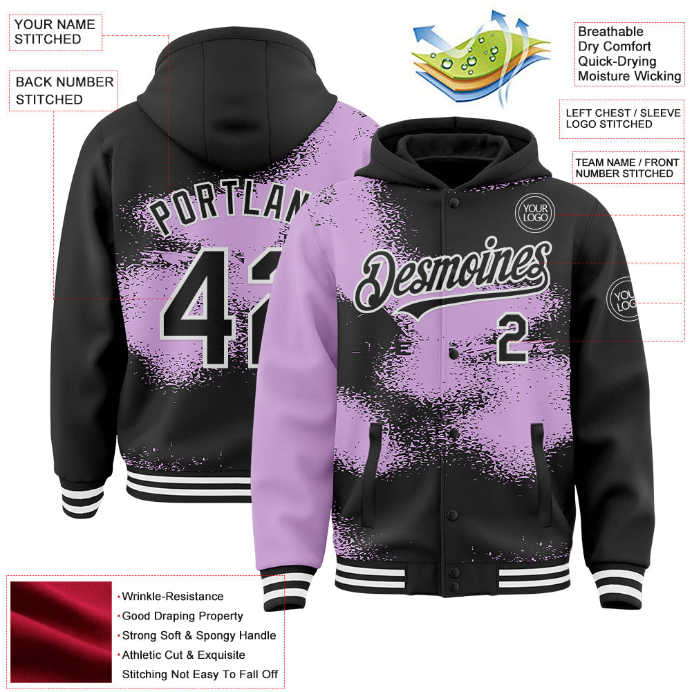 Custom Black Light Purple-White Abstract Color Blocks Fragment Pattern Bomber Full-Snap Varsity Letterman Hoodie Jacket view 4